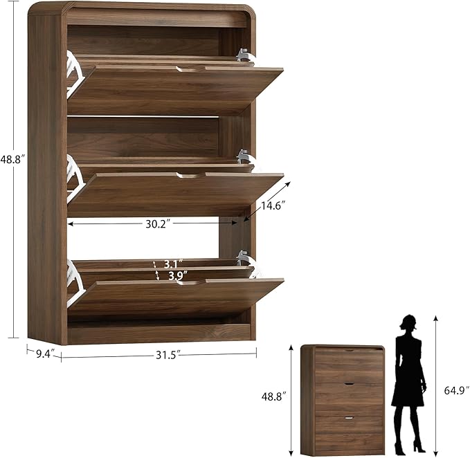 TEENFON Shoe Cabinet with 3 Flip Drawers & Adjustable Shelves, Narrow Freestanding Shoe Storage Cabinet for 18-27 Pairs, Hidden Slim Shoe Rack Cabinet for Entryway, Walnut