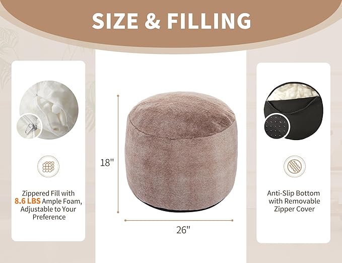 WSOFRLAC Round Pouf Ottoman 26 * 18" Small Ottoman Foot Rest Pouf Brown Foot Stools for Living Room Comfortable and Dirt Resistant Poofs/Ottomans Furniture Round Ottomans Floor Poufs for Home Decor