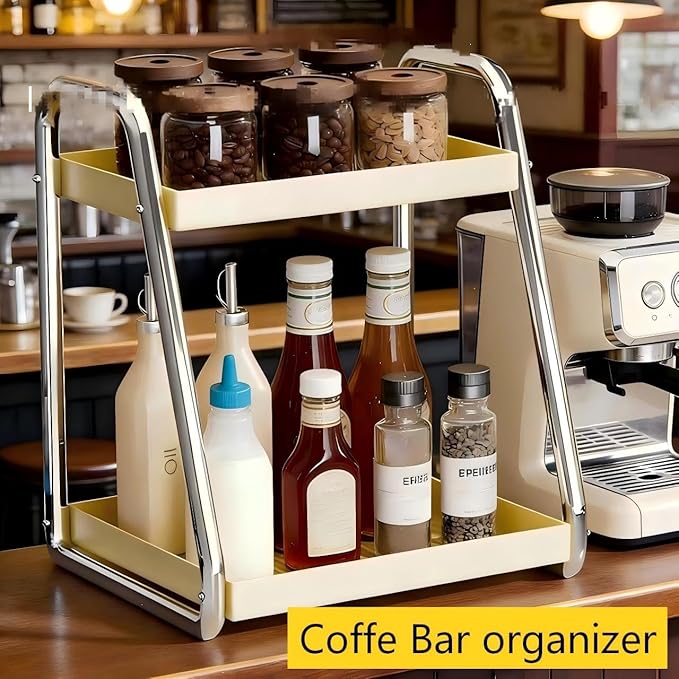 2 Tier Metal Coffee syrup rack Coffee Bar accessories coffee stand countertop Spice Rack Make-up Perfume Organizer for bathroom counter Pantry storage Kitchen tall bottle seasoning shelf Silver11.8”