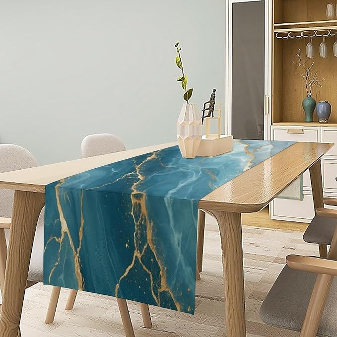 Blue Gold Marble Table Runner,Modern Luxury Abstract Painting Art Pattern Table Runner for Coffee Table Dining Room Table Bedroom Party Holiday Decor 13x72inch