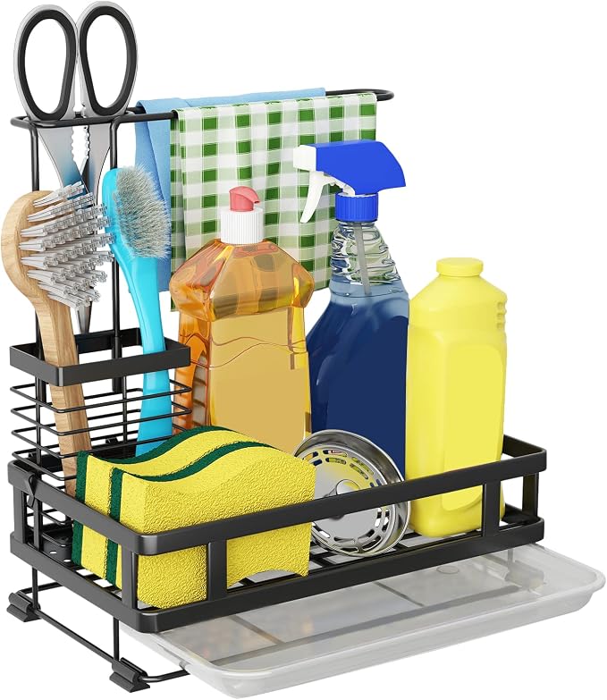 Godboat Kitchen Sink Organizer with Brush Rack | 304 Stainless Steel, Dish Soap Dispenser, Sponge Holder, Sink Caddy with Drain-Pan