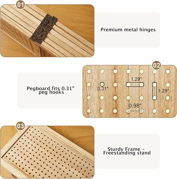 Pegboard Display, 5.6Ft Portable Freestanding Wall Organizer Wooden Room Divider Folding Privacy Screens for Craft Art Display Board (6 Panels, Natural)