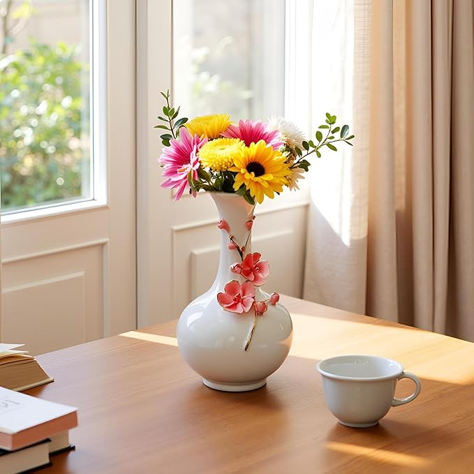 MTME Porcelain vase with Flowers, Plum Blossom, Memorabilia, Wedding Gifts, Aesthetic Sculpture Home décor (Red)