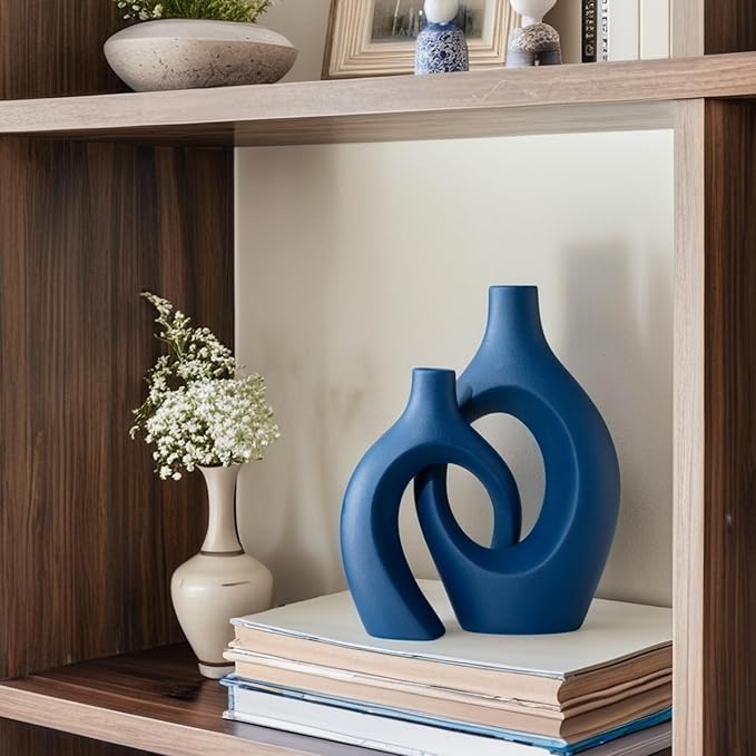 Liotww Snuggle Hollow Ceramic Vase Set of 2, 11 inch Hug Donut Modern Nordic Boho Style Vases for Home Decor Anthropologie Aesthetic Living Room Shelf Entryway Table Decorative (Navy Blue)