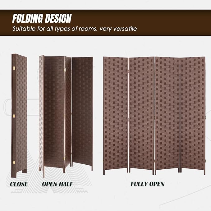 PayLessHere Room Divider 6FT Wood Mesh Hand-Woven Room Divider, 4-Panel Indoor Folding Portable Partition Screen,Brown