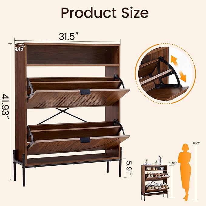 FurSch Fluted Shoe Cabinet with 2 Flip Drawers, Narrow Shoes Storage Organizer Rack with Circle Design Panel for Entryway Hallway (Walnut)