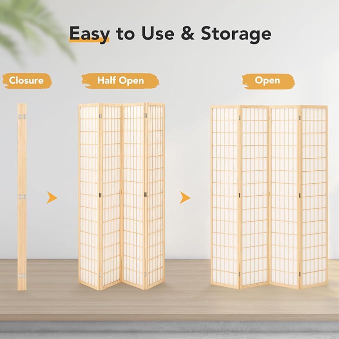JOSTYLE Room Divider Wall 4 Panel, 6Ft Folding Privacy Screen for Room Separation, Shoji Screen Japanese Style Room Divider, Natural, 70.9" H x 69" W
