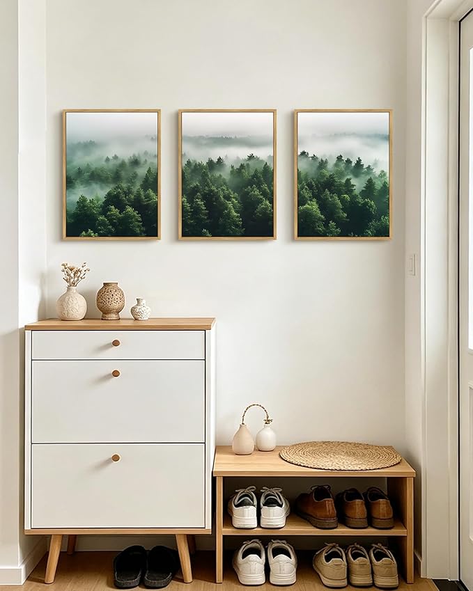 PHOPAGO Green Fog Pine Tree Framed Wall Art Nature Misty Nordic Forests Artwork Morden Paints Bedroom Living Room Home Decor - 12x16in Natural Framed