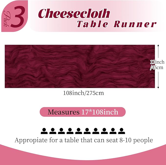 3 Pack Burgundy Cheesecloth Table Runner, 17 x 108 Inch, Gauze Cheese Cloth Table Runner Rustic Sheer Runner for Wedding Birthday Party Baby Shower Table Decor(Burgundy)