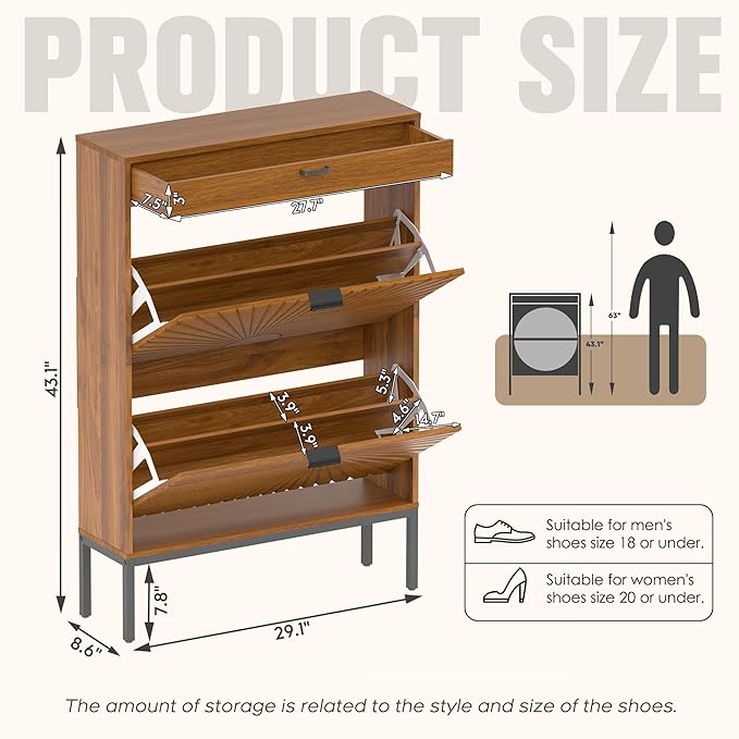 Brafab Shoe Rack Storage Organizer, Shoe Storage Cabinet with 2 Flip Drawers&1 Small Drawer, Slim Entryway Shoe Organizer with Sun Pattern Doors,Walnut