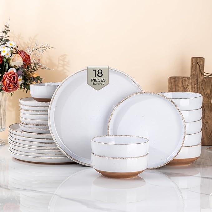 AmorArc Dinnerware Sets for 6, 18 Pieces Stoneware Plates and Bowls Set with Handbrush Rim, Scratch Resistant Dishes Set, Dishwasher & Microwave Safe, White
