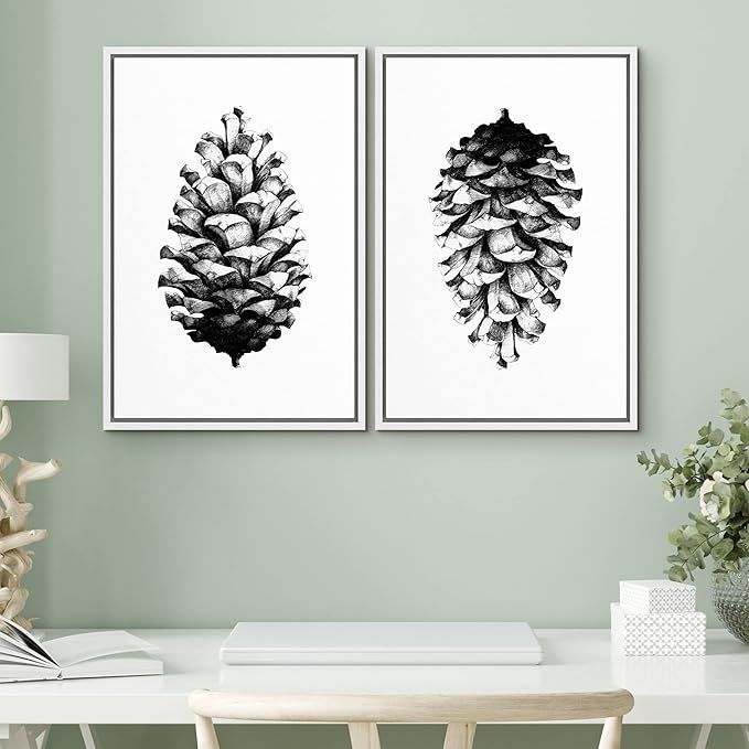 SIGNWIN Framed Canvas Print Wall Art Set Black & White Forest Woodland Pinecone Nature Wilderness Illustrations Modern Art Rustic Relax/Calm for Living Room, Bedroom, Office - 16"x24"x2 White