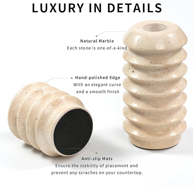 Travertine Marble Candlestick Holders - Set of 2 Stone Candle Sticks Holder Decor, Decorative Modern Candle Stands for Taper Candles