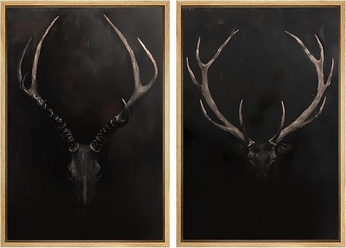 SIGNWIN Framed Canvas Print Wall Art Rustic Antler Skull Dark Dramatic Black Vintage-Inspired Deer and Elk Antlers Illustrations Decorative for Living Room, Bedroom, Office - 24"x36"x2 Natural