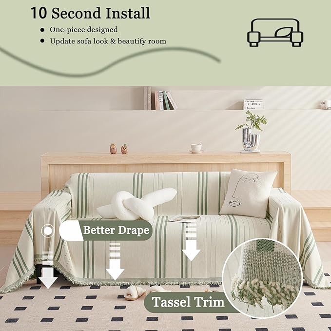 DREAMINGO Couch Cover Reversible Chenille Loveseat Sofa Covers for Dogs Pets Beige Green Couch Protector for 2 Cushion Couch Sofa Vertical Stripe Jacquard Sofa Slipcover Sectional, 71"x118"