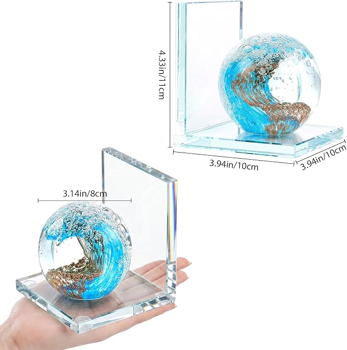 Glass Book Ends Set of 2, L-Shaped Bookends with Sea Wave Ball Design – Non Skid Heavy Duty Decorative Book Stopper for Shelves, Desk, and Home Office