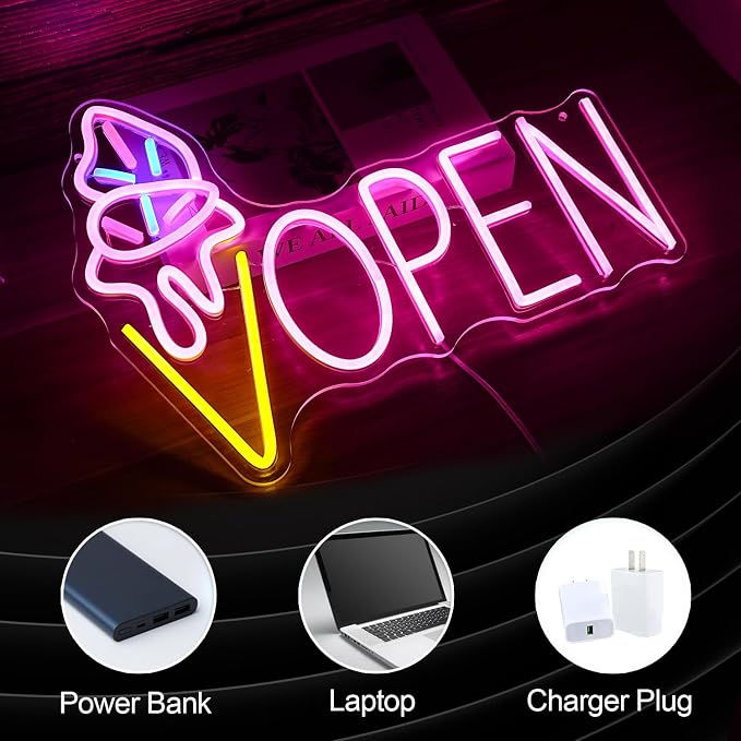 Ice Cream Open Neon Sign LED Light up Ice Cream Sign Dimmable Dessert Open Wall Decor Sign for Business Store Dessert Shop Bar Party Cafe USB Powered （16.5 * 12.6 In）
