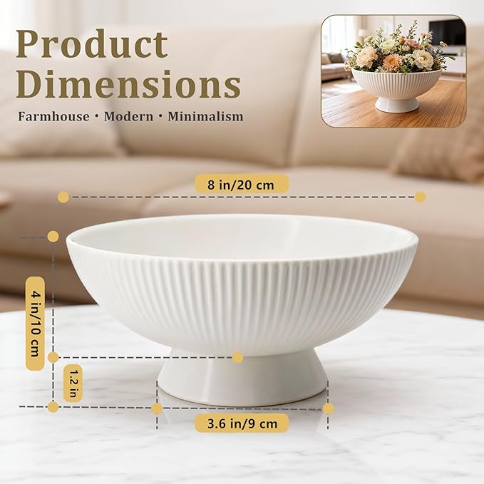 Gutedeal Small Decorative Bowl 8 Inch Multi-Use White Ceramic Fruit & Key Bowl for Kitchen, Entryway, Centerpiece Modern Handcrafted Home Decor Pedestal Bowl & Wedding Gift