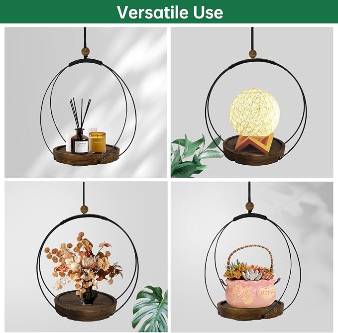 hismocal Hanging Planters for Indoor Plants,Plant Hanger with Sturdy Wood Base,Modern Boho Macrame Plant Hanger,Wall Ceiling Window Stands(Plants/Pots Not Included) (2 Pack-Circle)