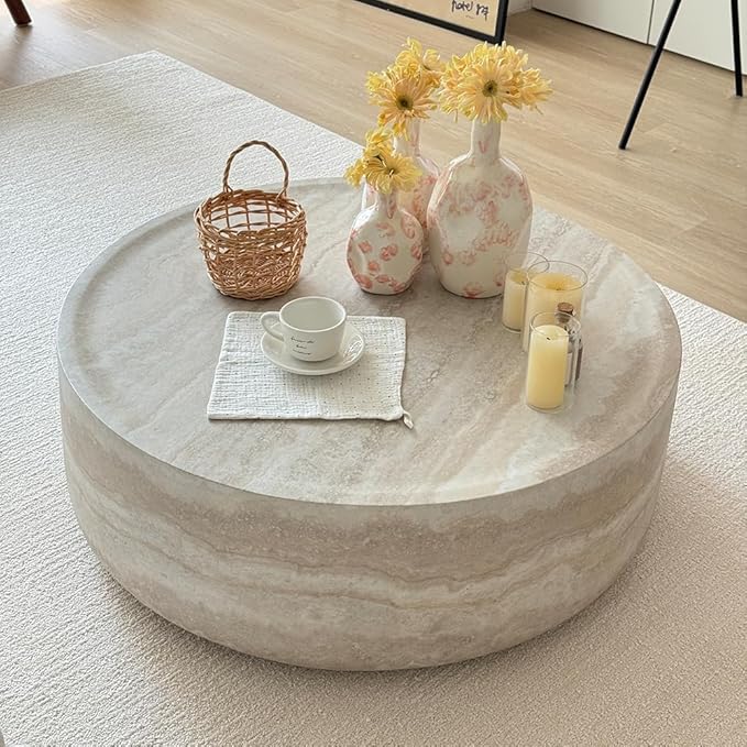 WILLIAMSPACE 39.37'' Round Coffee Table in Faux Marble, Modern Circle Fiberglass Drum Stone Center Table Side Table Tea Table for Living Room, No Need Assembly (Mars Pattern)