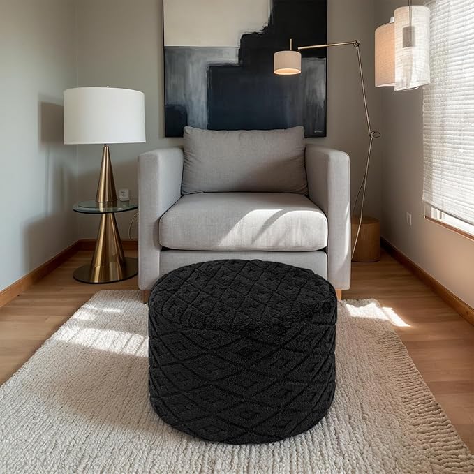 Fluffy Round Ottoman Pouf with All-in-One Foam Filling 20" x 14" Furry Ottoman Foot Rest Foot Stool for Living Room or Bedroom (Black)