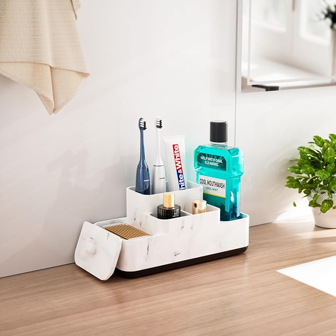 VITVITI Bathroom Counter Organizer, Toothbrush Holder for Bathroom, Resin Bathroom Organizer Countertop Storage for Cotton Ball/Vanity/Toothpaste, White Marble Look