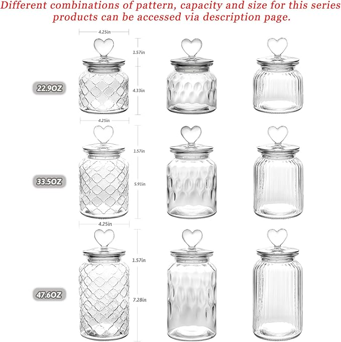 WHJY Set of 2 Airtight Glass Jars, 45oz Jar of Hearts Cute Cookie Jar Decorative Jars with Lids Candy Jars for Candy Buffet Heart Shaped Lid - Grids Textured