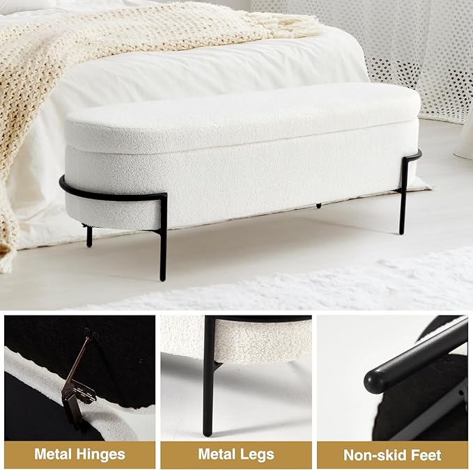 FiveWillowise Sherpa Storage Ottoman Bench for Bedroom, White End of Bed Bench with Storage, Upholstered Boucle Storage Bench with Metal Stand and Hinges, Oval Ottoman for Living Room, 45 Inch