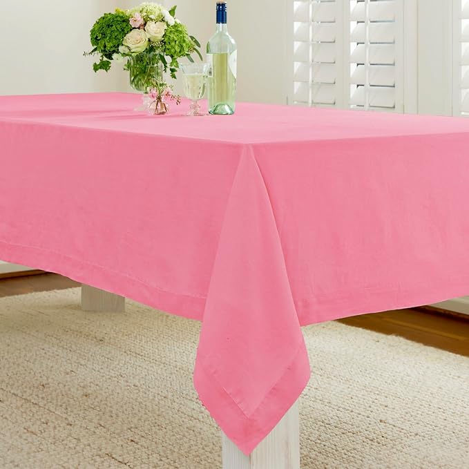 Solino Home Linen Tablecloth for Rectangle Tables 60 x 90 Inch - 100% Pure Linen Pink Carnation Table Cloth - Fete, Machine Washable Cloth Tablecloth for Summer