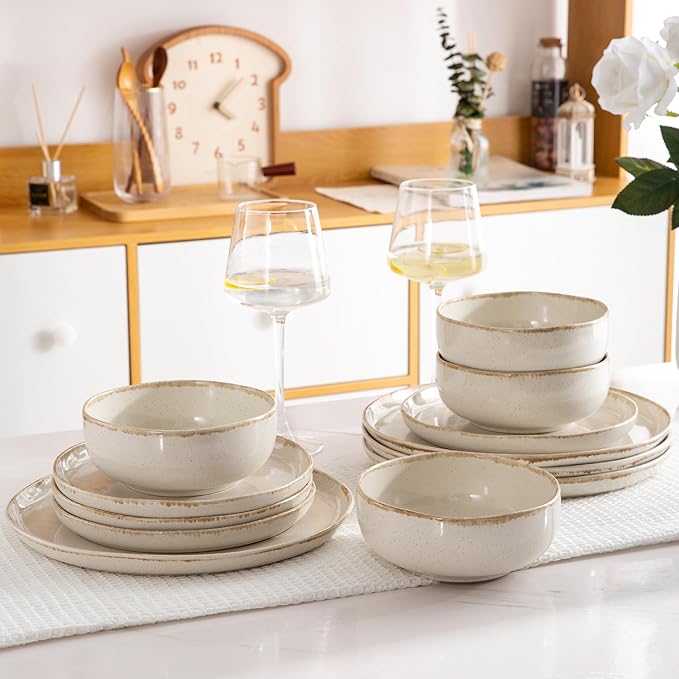 AmorArc Ceramic Dinnerware Sets, Wavy Rim Stoneware Plates and Bowls Sets, Highly Scratch Resistant | Dishwasher & Microwave Dishes set, Service for 4 (12pc)-Speckled Cappuccino)