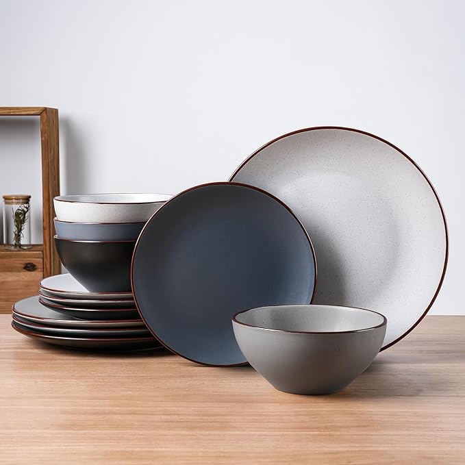 Famiware Venus Plates and Bowls Sets, 12 Pieces Stoneware Speckled Dishes Dinnerware Set for 4, Assorted Colors - Microwave & Dishwasher Safe, Modern Minimalist, for Everyday Meals & Formal Dining