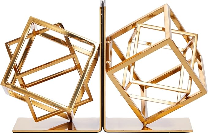 Juvale Gold Bookends - Heavy-Duty Metal Book Ends for Bookshelf Decor - Geometric Square Style for Decorative Books Display for Coffee Table & End Table Decor - 5 x 6 x 3 in, Pack of 2