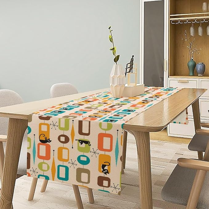 Mid Century Table Runner, Modern Atomic Pattern Absctract Geometric Retro 1950S 1960S Dinner Runner for Home Kitchen Dining Table Decoration 13x36 Inch