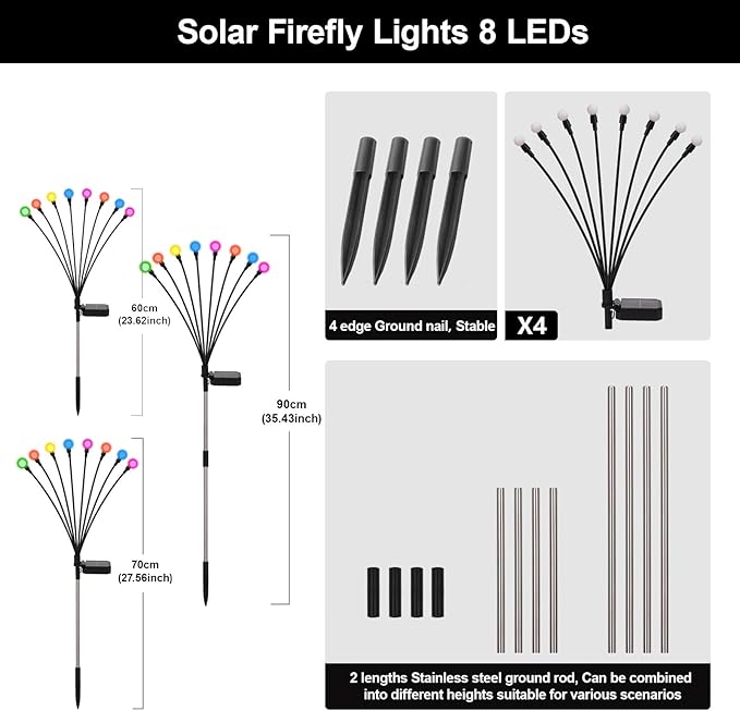 Solar Firefly Lights Multicolor, 4 Pack 800mAh Swaying Firefly Garden Lights Solar Powered Outdoor Waterproof Color Changing for Outside Yard Patio Lawn Pathway Walkway Stake Christmas Decor