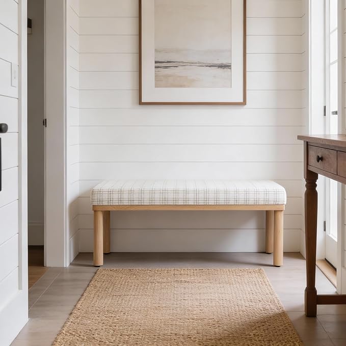 HomePop Oslo Bench - Natural Plaid Woven Fabric