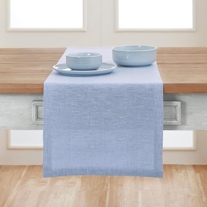 Solino Home Linen Table Runner 144 Inches Long - Athena, 100% Pure Linen Chambray Blue 14 x 144 Inch Table Runner for Dining, Summer