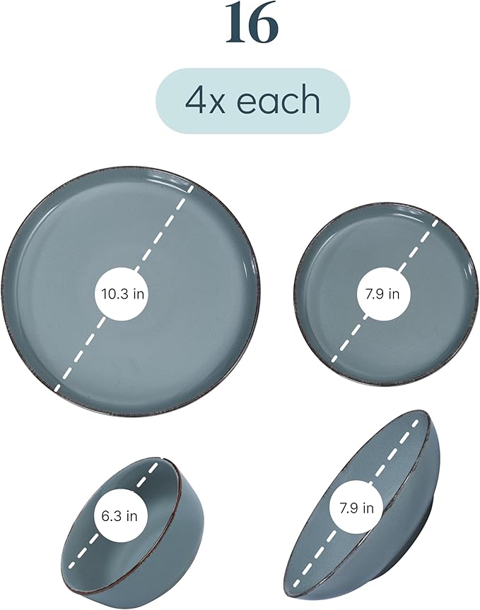 16 Piece Stoneware Dinnerware Set for 4 - Handmade Reactive Glaze Plates and Bowls Set - Chip & Scratch Resistant Dish Set - Dishwasher Microwave Safe - Rustic Smoke Blue