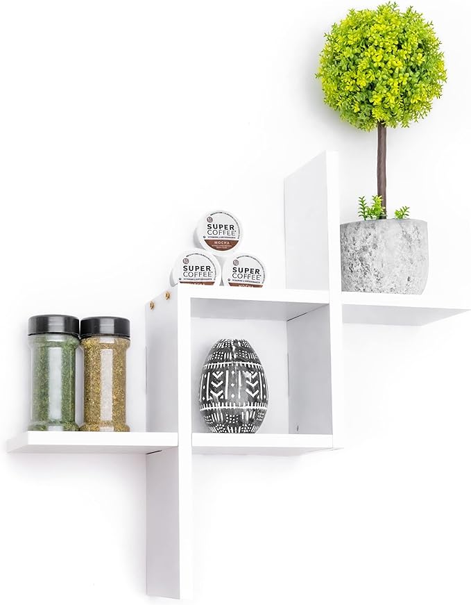 Greenco Criss Cross Intersecting Wall Mounted Floating Shelves White Finish, 2-Pack,