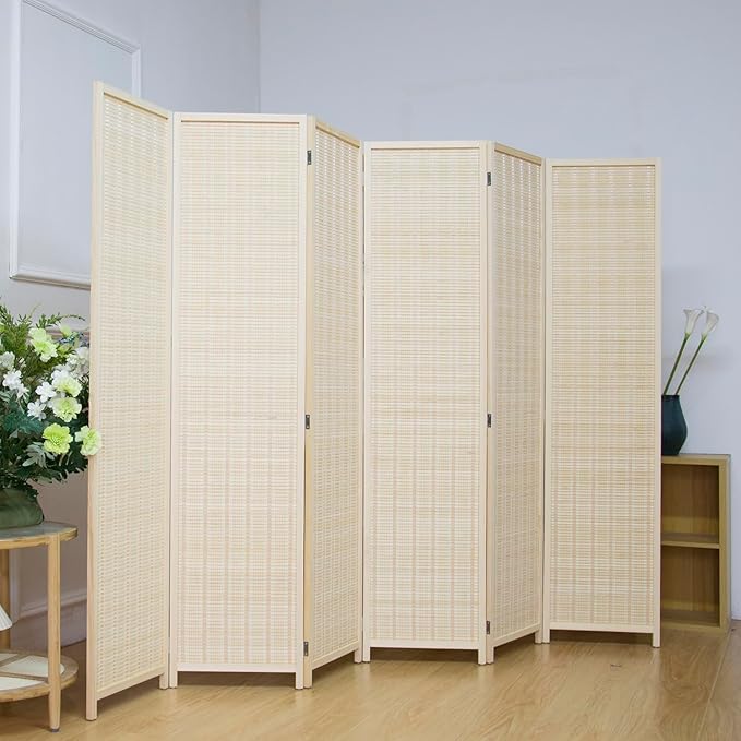 6 Panel Bamboo Room Divider Screen,5.6 FT Tall Bamboo Divider Folding Privacy Screen,Freestanding Panel Divider for Room Seperation,Beige