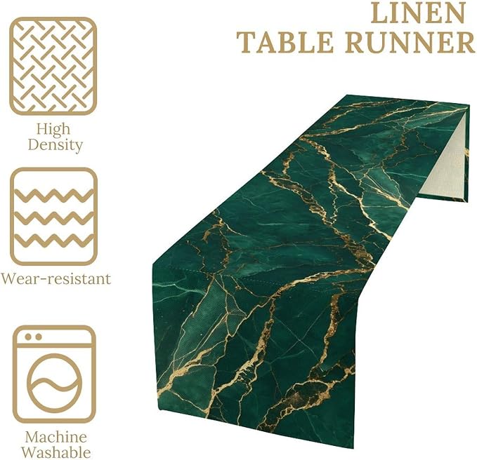 Emerald Green Marble Table Runner, Dark Green Gold Textured Abstract Painting Table Runner for Kitchen Dining Indoor Outdoor Home Party, 13x90 Inch