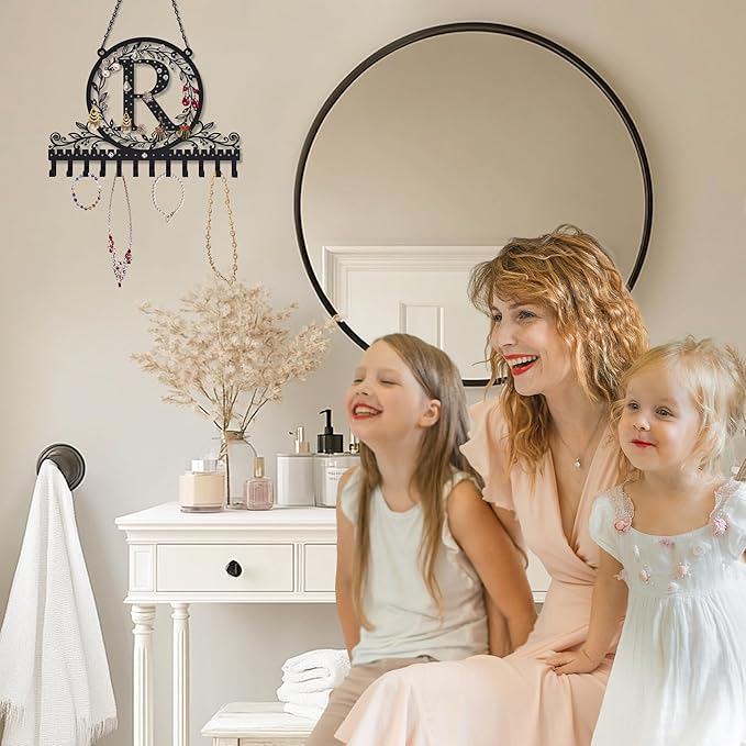 Wall-Mounted Metal Initial Letter R Earring Holder Hanging Jewelry Organizer for Earrings and Necklaces Space-Saving Wall Display with Hooks for Jewelry Storage