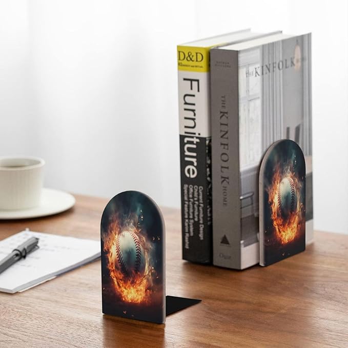 Baseball On Fire L-Shaped Book Ends 1 Pair Wood Bookends Sport Book End Supports for Heavy Book Shelf Holder Home Decorative