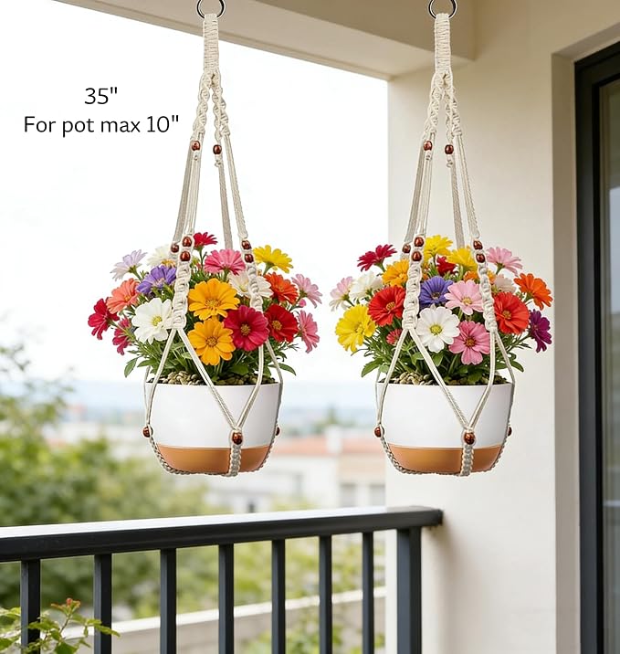 Macrame Plant Hanger Indoor Hanging Holder Window Plant Hanger Wall Outdoor Large Long Boho Home Decor Ceiling Basket Plants Hangers (2pack-Ivory)