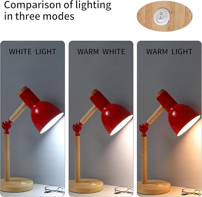 Desk Lamp,Wooden Adjustable Tri-Color Table & Bedside Lamp for Office, Living Room, Bedroom & Kids Room (red)
