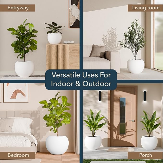 KUTE NEST 12.8"H x 16"D Premium Globo Fiberstone Round Planter with Drainage Hole, Smooth Finishes, Weather Resistant for Indoor and Outdoor Use, Included 2 Extra Coco Mats (White, 10.7" Pot Opening)