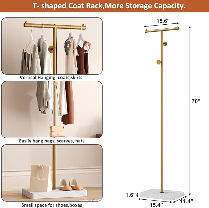 HOMEFORT Coat Rack, Freestanding Metal Coat Racks, T-Shape Clothes Hat Stand with 2 Hooks for Closet, Bedroom, Entryway, Living Room, Gold
