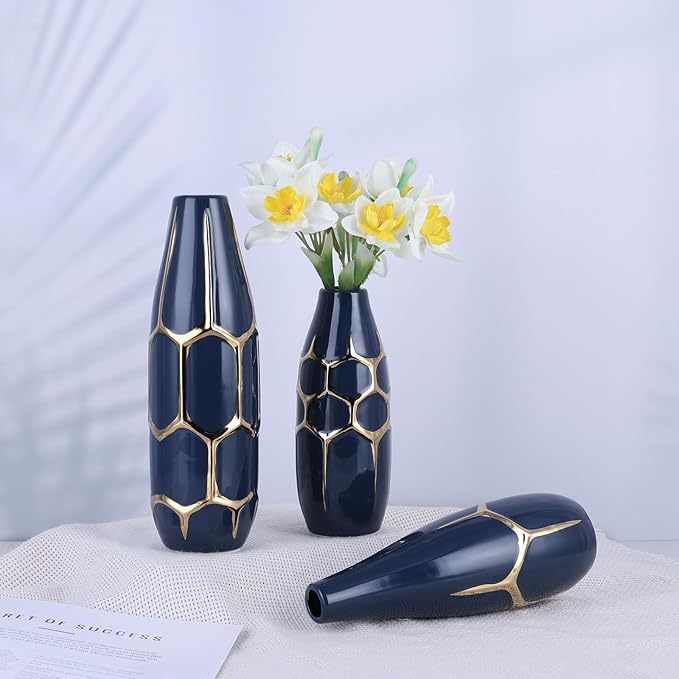 Blue and Gold Ceramic Vase Set of 3, Geometric Decorative Ellipse Vases for Living Room Shelf, Mantel, Table Centerpieces, Bathroom Countertop, Modern Rustic Farmhouse Home Decor (Blue)
