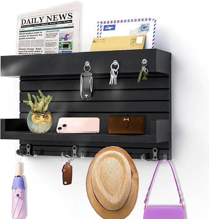 Key Holder for Wall - Stylish Wall Shelf with Hooks, 4 Rustic Key Hooks for Wooden Mail Organizer with Shelf, Perfect Entryway Storage for Keys, Letters & Small Items