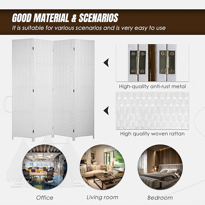 PayLessHere Room Divider 6FT Wood Mesh Hand-Woven Room Divider, 4-Panel Indoor Folding Portable Partition Screen,White