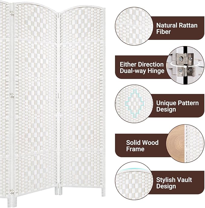 HALLYBEE Room Divider, Room Dividers and Folding Privacy Screens, 16in Privacy Screen, 8 Panel Temporary Wall Partitions, 6ft Space Separation Panel Screen, White